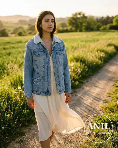 Imagen de Añil Denim: La campera de jean puesta en un momento real de tarde al aire libre